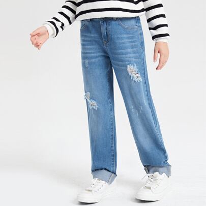 Girls High Waist Ripped Straight Leg Jeans