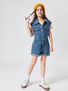 SHEIN 女孩前紐扣反摺褲腳牛仔連體短褲不帶T恤 - 中等水洗藍 - 查看 3