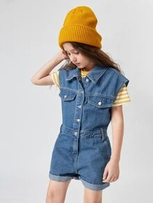 SHEIN 女孩前紐扣反摺褲腳牛仔連體短褲不帶T恤 - 中等水洗藍 - 查看 4