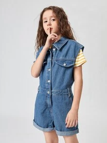 SHEIN 女孩前紐扣反摺褲腳牛仔連體短褲不帶T恤 - 中等水洗藍 - 查看 5