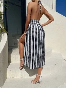 Breezaya Tie Backless Geo Print Split Thigh Halter Dress Maxi Vacation Beach Outfits Women - Black and White - View 2