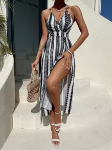 Breezaya Tie Backless Geo Print Split Thigh Halter Dress Maxi Vacation Beach Outfits Women - Black and White - View 1