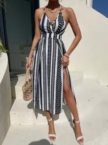 Breezaya Tie Backless Geo Print Split Thigh Halter Dress Maxi Vacation Beach Outfits Women - Black and White - View 5