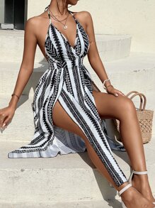 Breezaya Tie Backless Geo Print Split Thigh Halter Dress Maxi Vacation Beach Outfits Women - Black and White - View 6