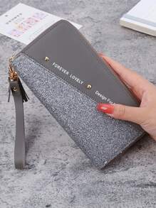 Yogodlns Tassel & Bow Decor Letter Graphic Long Wallet Checkbook Cover Slim Portable Money Cash White-Collar Workers For Female For Women College Work Business Commute Office For Anniversary For Couple For Birthday Gift On Valentine Day Gift - Grey - View 4