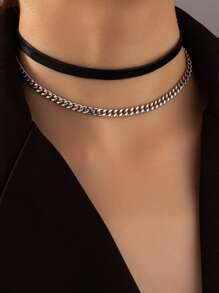 鏈條裝飾多層次項鍊 - 黑色 - 查看 1