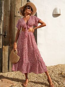 前繫帶小碎花上衣和裙子套裝 - 酒紅色 - 查看 1