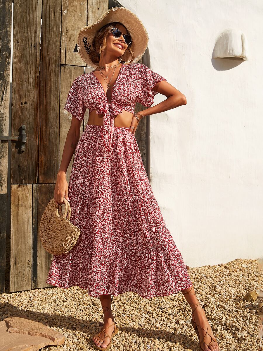 前繫帶小碎花上衣和裙子套裝 - 酒紅色 - 查看 1