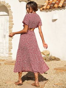 前繫帶小碎花上衣和裙子套裝 - 酒紅色 - 查看 2