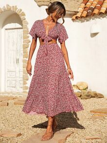 前繫帶小碎花上衣和裙子套裝 - 酒紅色 - 查看 3