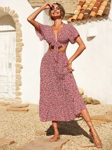 前繫帶小碎花上衣和裙子套裝 - 酒紅色 - 查看 4