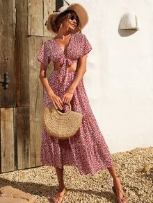 前繫帶小碎花上衣和裙子套裝 - 酒紅色 - 查看 5