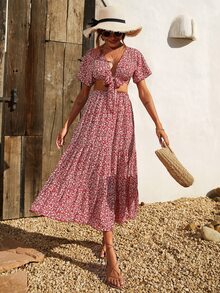 前繫帶小碎花上衣和裙子套裝 - 酒紅色 - 查看 6