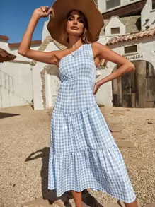 SHEIN Unity Gingham Print One Shoulder Dress - Baby Blue - View 1