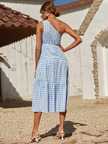 SHEIN Unity Gingham Print One Shoulder Dress - Baby Blue - View 2