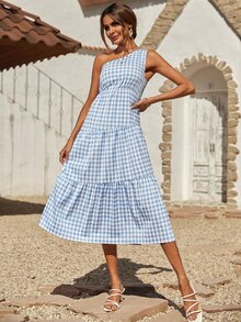 SHEIN Unity Gingham Print One Shoulder Dress - Baby Blue - View 6