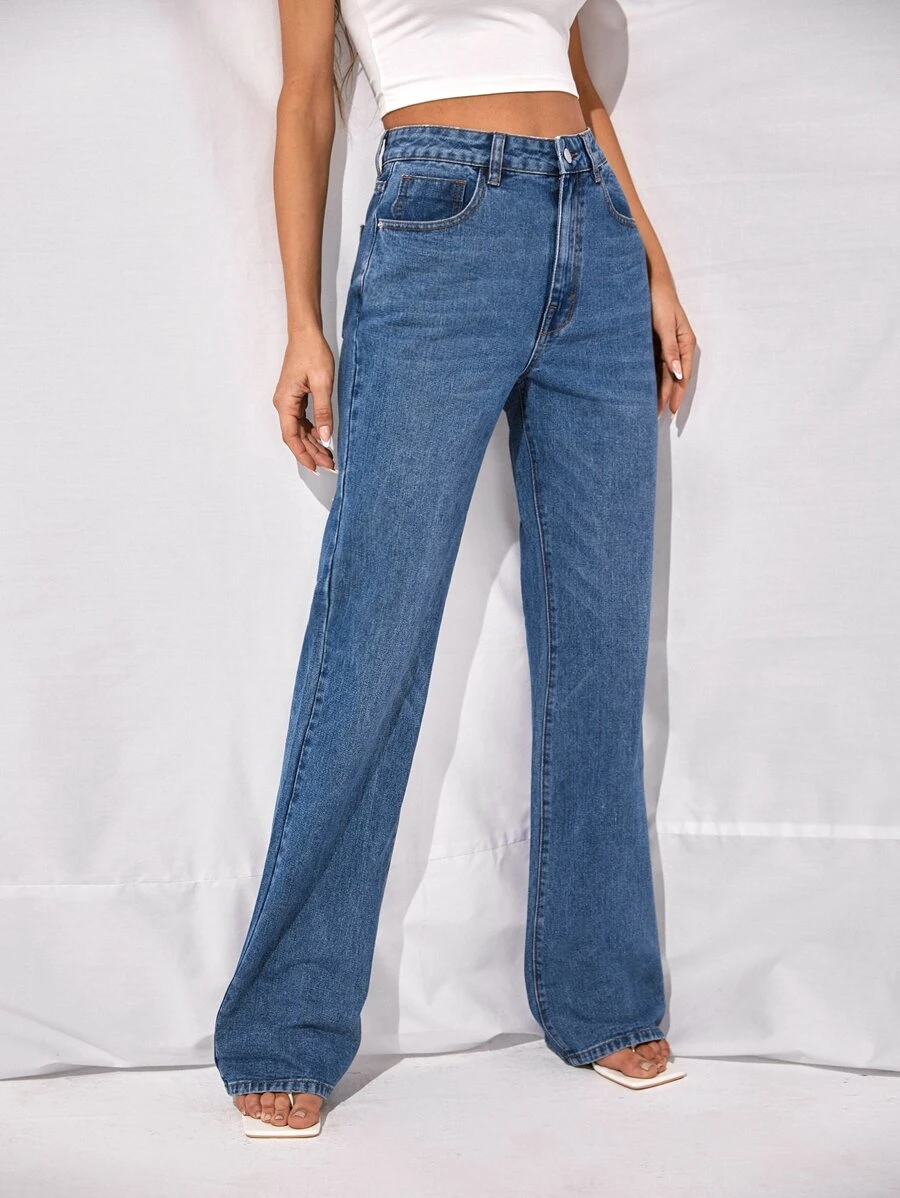 Jeans de pierna recta de cintura alta - Azul lavado medio - Ver 1