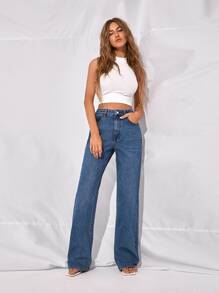 Jeans de pierna recta de cintura alta - Azul lavado medio - Ver 4