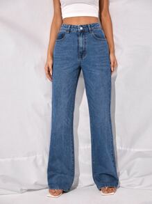 Jeans de pierna recta de cintura alta - Azul lavado medio - Ver 5