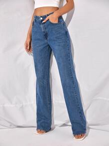 Jeans de pierna recta de cintura alta - Azul lavado medio - Ver 6