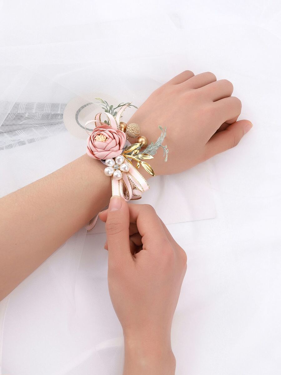 Faux Pearl & Rhinestone Decor Wrist Corsage - Multicolor - View 1