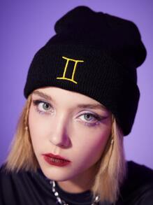 ROMWE Gemini Constellation Embroidery Knit Beanie - Black - View 5