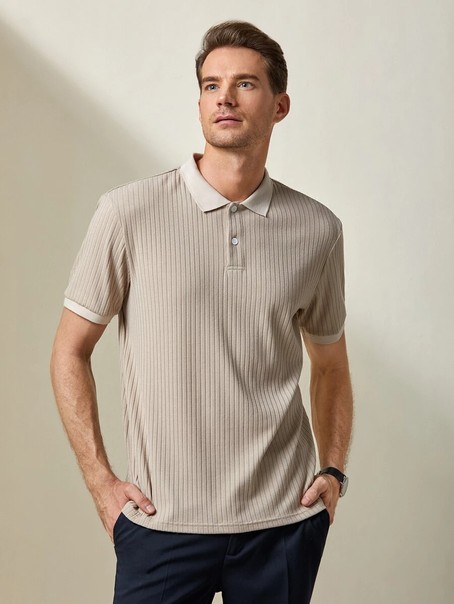 GENTILAND 男士拼接邊POLO衫 - 卡其色 - 查看 1