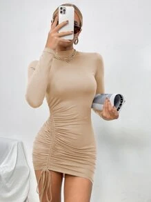 SHEIN SXY 小高領前抽繩緊身連衣裙 - 杏色 - 查看 3