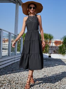 SHEIN Unity Sleeveless Solid Flounce Hem Dress - Black - View 1