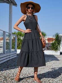 SHEIN Unity Sleeveless Solid Flounce Hem Dress - Black - View 4