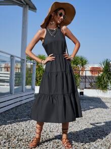 SHEIN Unity Sleeveless Solid Flounce Hem Dress - Black - View 5