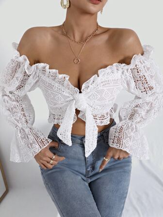 Ruffle Trim Bell Sleeve Tie Front Lace Crop Top