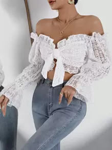 SHEIN SXY Ruffle Trim Bell Sleeve Tie Front Lace Crop Top - White - View 4