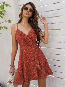 SHEIN VCAY Knot Side Ruffle Trim Dalmatian Cami Dress - Burnt Orange - View 1