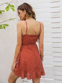 SHEIN VCAY Knot Side Ruffle Trim Dalmatian Cami Dress - Burnt Orange - View 2
