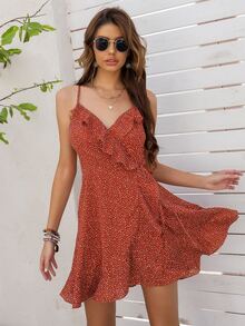 SHEIN VCAY Knot Side Ruffle Trim Dalmatian Cami Dress - Burnt Orange - View 3