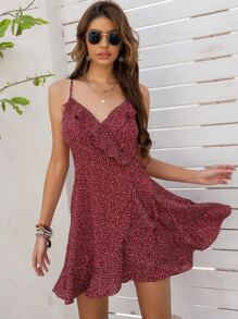 SHEIN VCAY Vestido de tirantes de lunares ribete fruncido de cuello cruzado - Burdeos - Ver 1