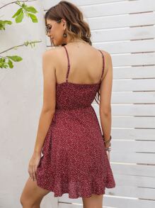 SHEIN VCAY Vestido de tirantes de lunares ribete fruncido de cuello cruzado - Burdeos - Ver 2