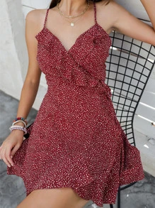 SHEIN VCAY Vestido de tirantes de lunares ribete fruncido de cuello cruzado - Burdeos - Ver 6
