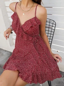 SHEIN VCAY Vestido de tirantes de lunares ribete fruncido de cuello cruzado - Burdeos - Ver 7