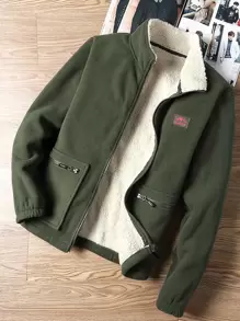 Manfinity Homme 男士寬鬆拉鍊口袋拼接細部泰迪熊襯裡夾克 - 軍綠色 - 查看 1