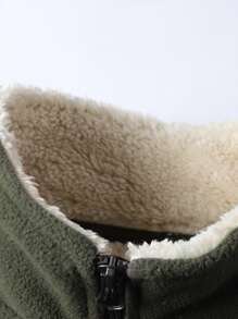 Manfinity Homme 男士寬鬆拉鍊口袋拼接細部泰迪熊襯裡夾克 - 軍綠色 - 查看 3