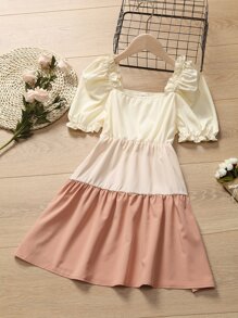 Niñas Vestido de manga farol ribete fruncido de color combinado - Multicolor - Ver 1