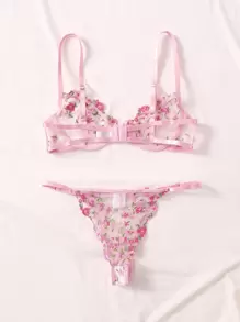 Conjunto de lencería de encaje transparente bordado con sujetador de aros y braguita