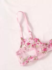 Conjunto de lencería de encaje transparente bordado con sujetador de aros y braguita