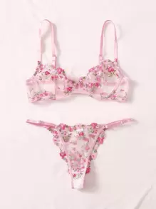 Conjunto de lencería de encaje transparente bordado con sujetador de aros y braguita