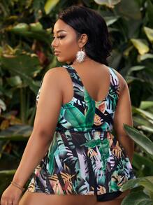 Plus Size Tropical Print Flounce Hem Tankini Summer Beach - Multicolor - View 2
