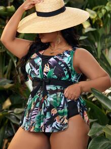 Plus Size Tropical Print Flounce Hem Tankini Summer Beach - Multicolor - View 4