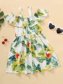 Niñas Vestido con estampado tropical de hombros descubiertos ribete con fruncido - Multicolor - Ver 1
