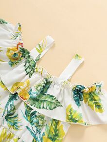 Niñas Vestido con estampado tropical de hombros descubiertos ribete con fruncido - Multicolor - Ver 3